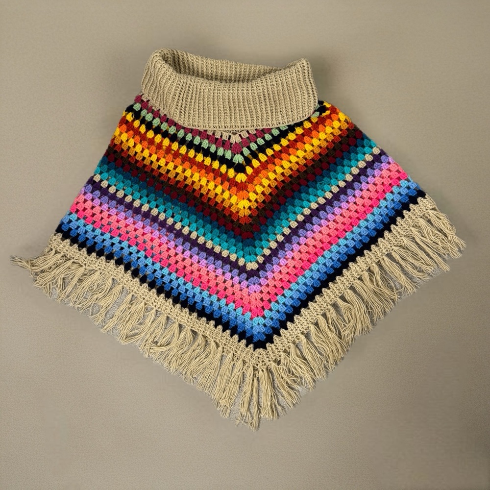 SAACHI Earth To Sky Rainbow Stripe Crochet Turtleneck Poncho | Fringe | One Size - Picture 7 of 7